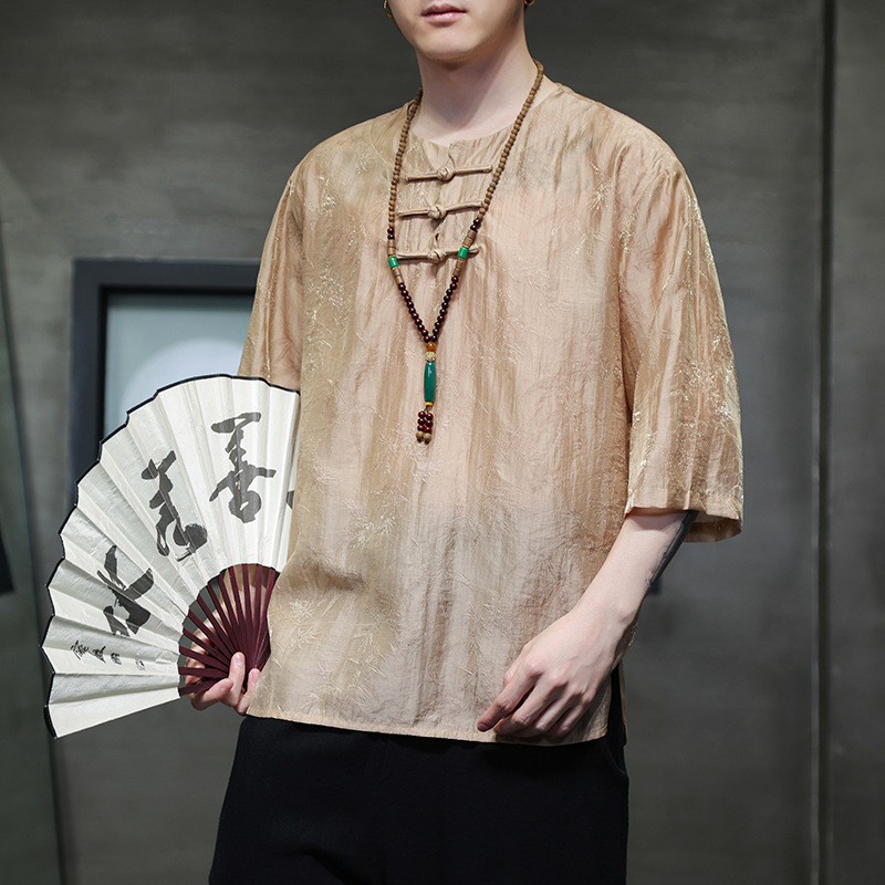 Pakaian Pria Gaya Cina Musim Panas Retro Kancing Cina Lengan Pendek T Baju Kaos C229-Gaya Cina T Kol