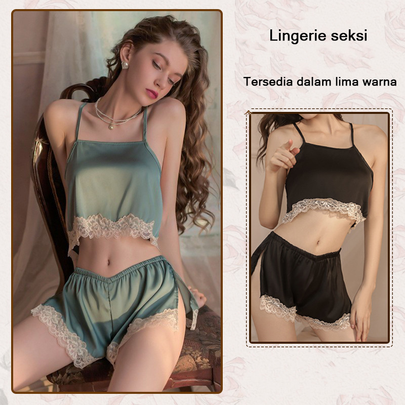 Baju Tidur Kamisol Wanita Lingerie Renda Set,Seksi Tanpa Punggung Desain Ikat,Celana Pendek Seksi de