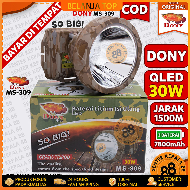 DONY / Senter Kepala Cas / MS 309 / SOBIG 30 W 30 WATT / QLED LED T6 / Super Terang / Murah Senter K