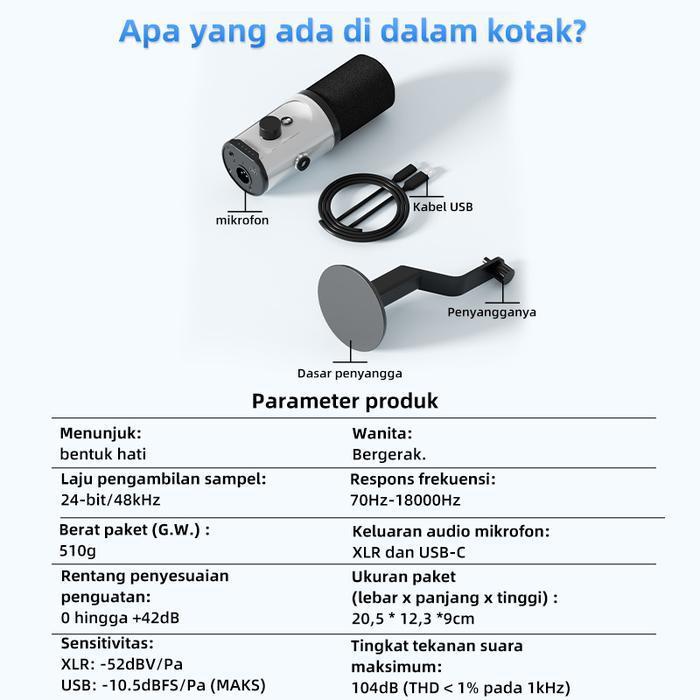 KOORFLY KF-U100 Mikrofon RGB Condenser USB+XLR Dual untuk Gaming Podcast Live Streaming Recording de