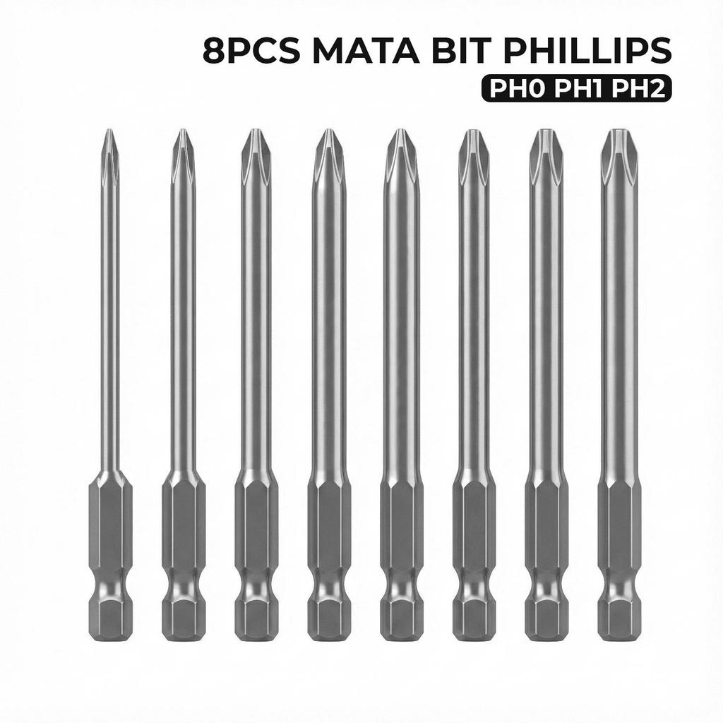 Set Mata Bor Obeng Philips 8 Pcs PH0 PH1 PH2 Baja Paduan Krom Vanadium Kuat Cocok  - 6887