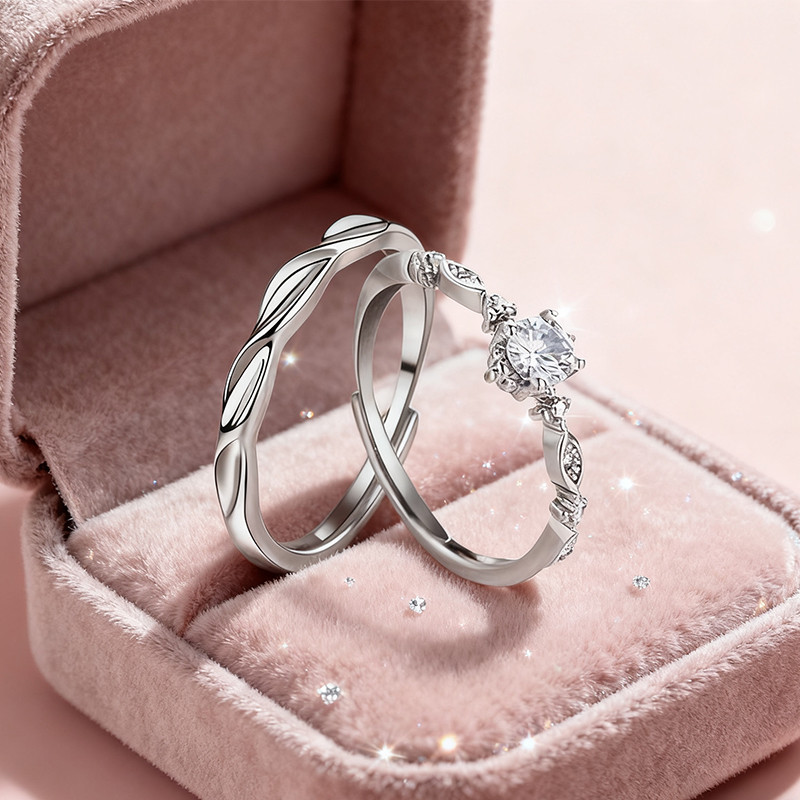 Cincin Couple Perak Kawin Couple Nikah Hadiah Pernikahan Adjustable Tunangan Cincin Titanium Berlian