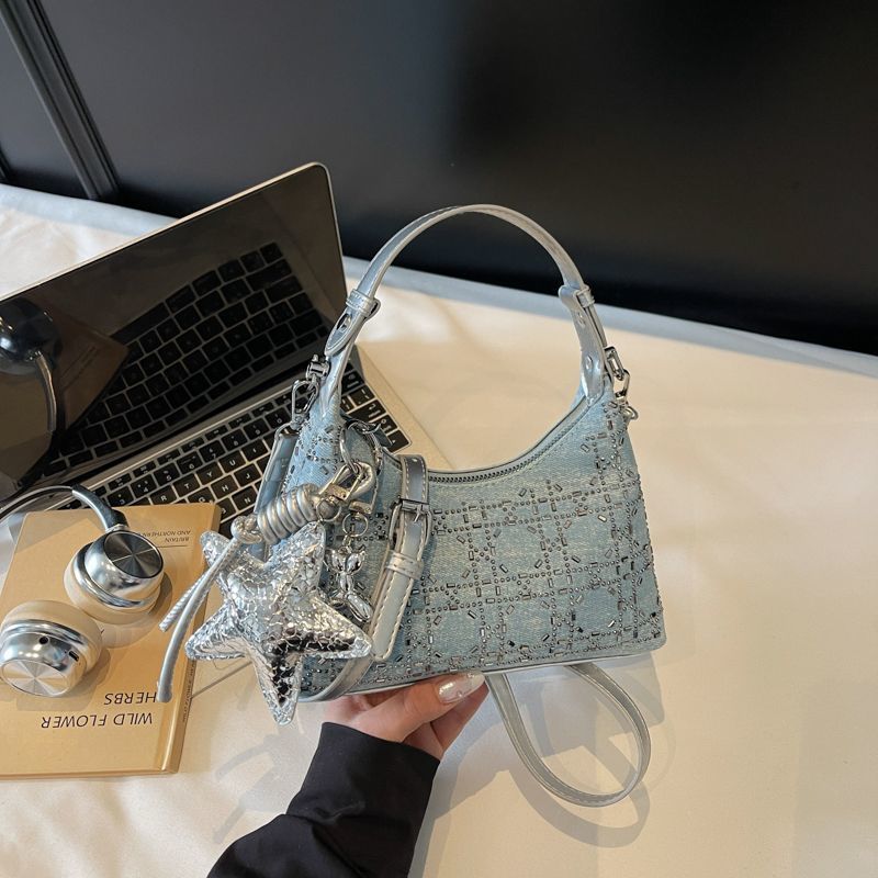 Pangsit tas bahu fashion rantai jeans hot drill tas tangan