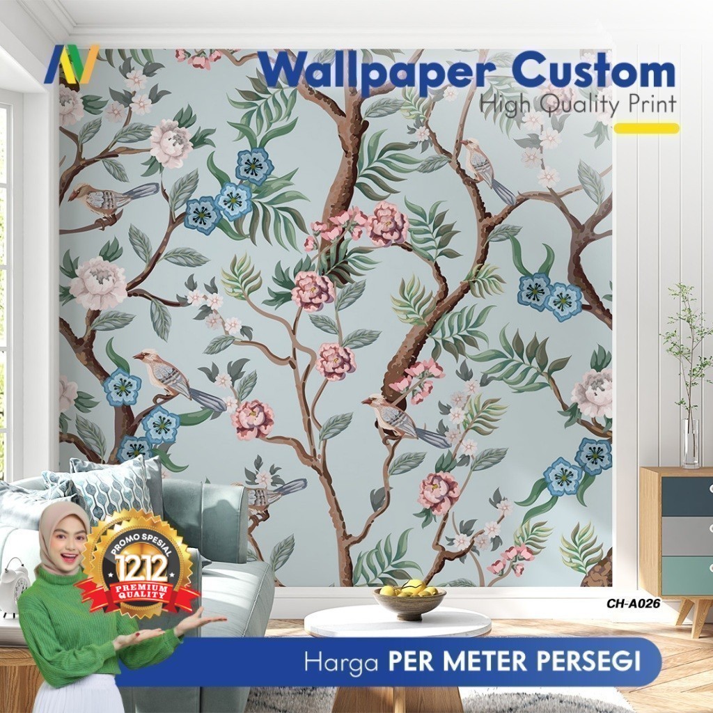Wallpaper Dinding Custom | Wallpaper Dinding Ruang Makan | Wallpaper Dinding Motif Chinoiserie 1 | W