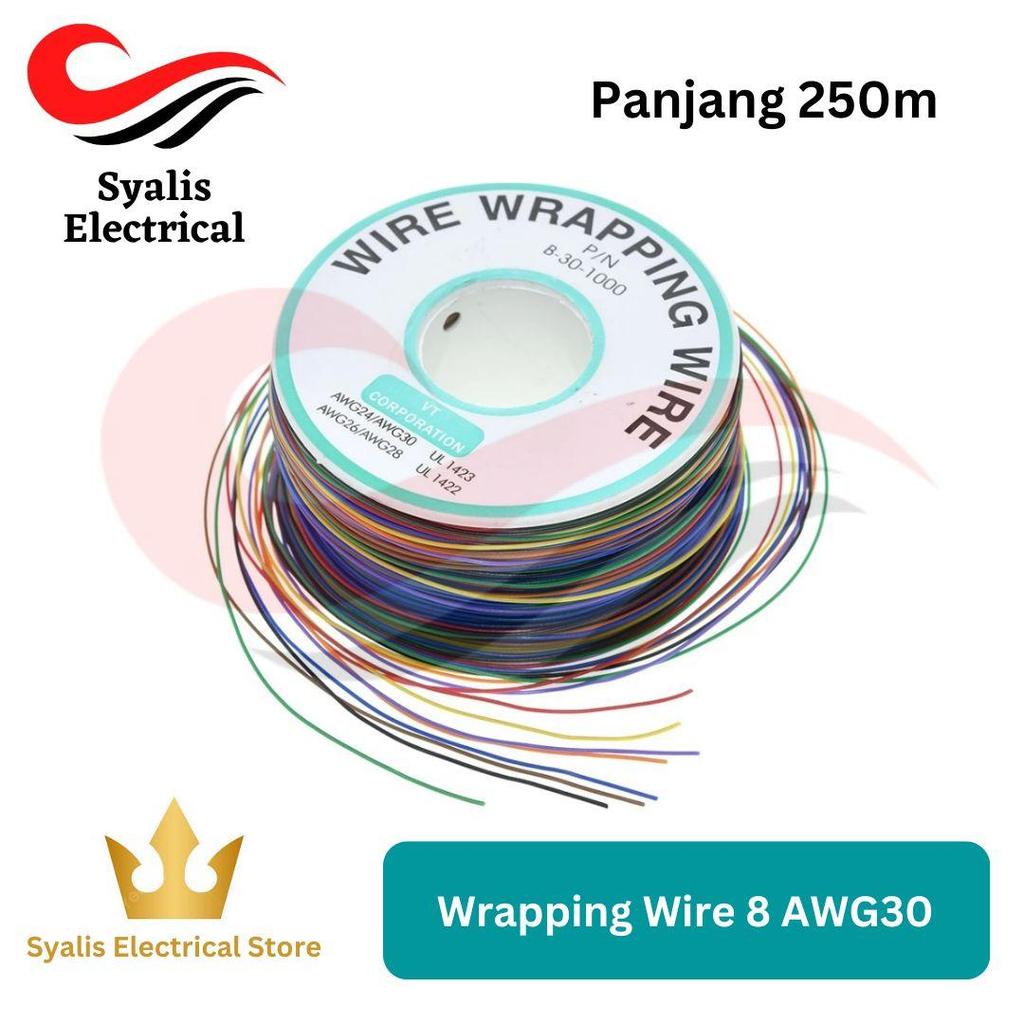 Kabel Wrapping Wire 8 Warna Kawat 30AWG, Kawat Isolasi B-30-1000 UL1423, 0.25 mm, Tinned Copper Soli