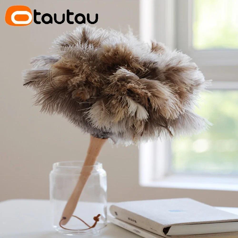 OTAUTAU 100% Real Ostrich Feather Duster Wood Handle Household Car Dust Brush Cleaner House Cleaning