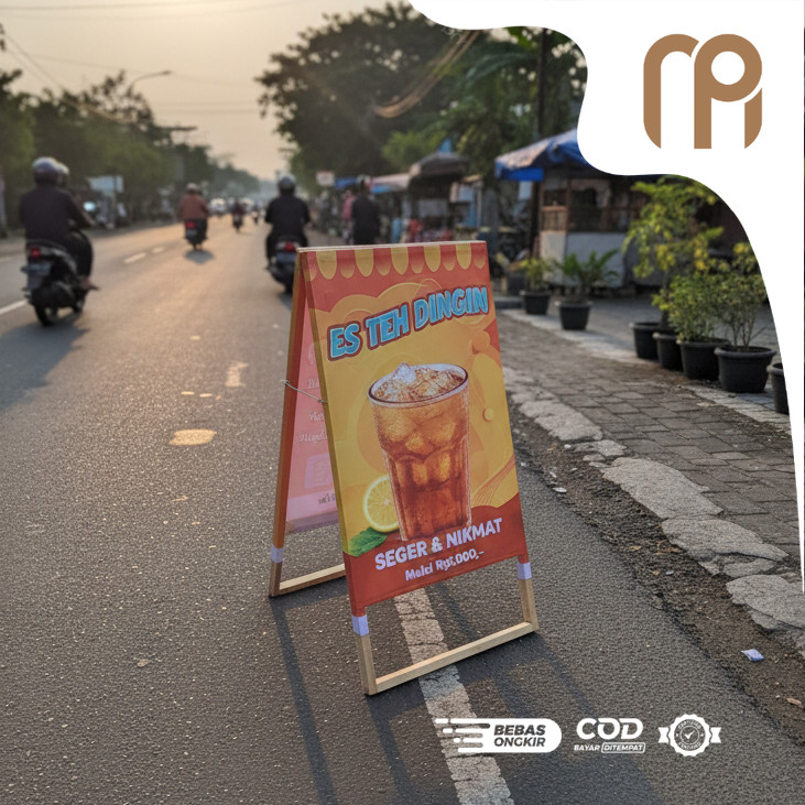 Stand Banner Kayu Portable – Display Promosi Usaha UMKM, Jajanan, Booth, FREE Desain Banner CustoM
