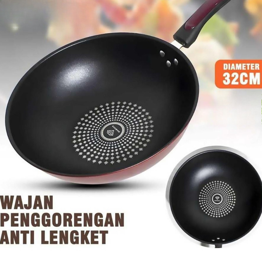 Wajan Diamond Penggorengan Anti Lengket Ukuran Diameter 32cm / Wajan Gagang Jumbo Diamond Wok Pan