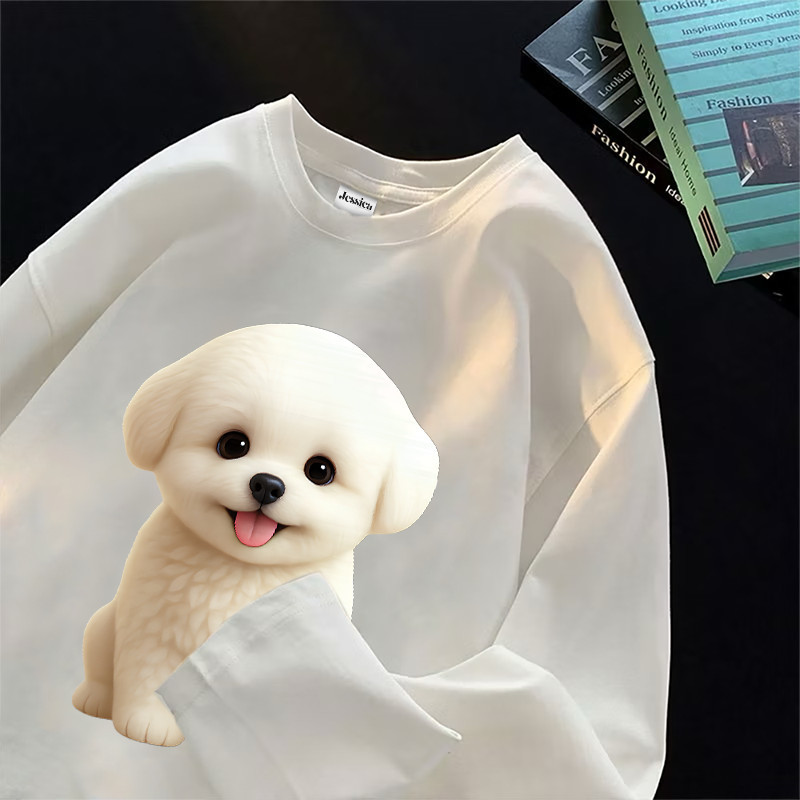 Kaos Lengan Panjang Kaos Oversize Unisex | Anjing Bichon Frise | Korean Style Baju Bahan 100% Cotton