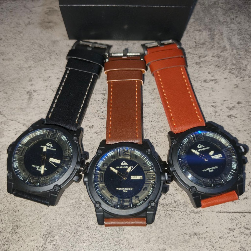 Jam Tangan Pria Kulit Quiksilver Tali Kulit Tanggal + Hari Aktif