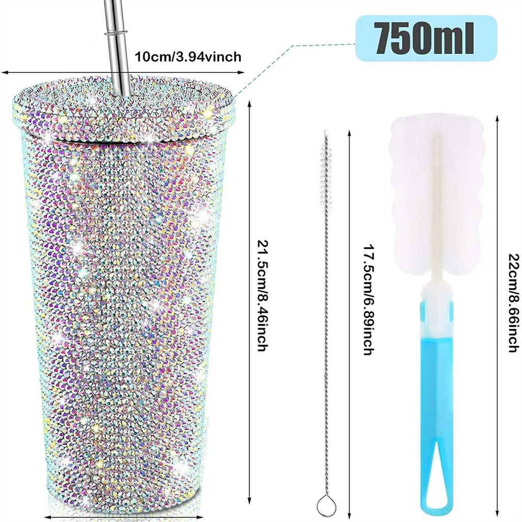 Diamond-studded thermos cup, double-layer stainless steel straw cup, diamond-studded rhinestone coff