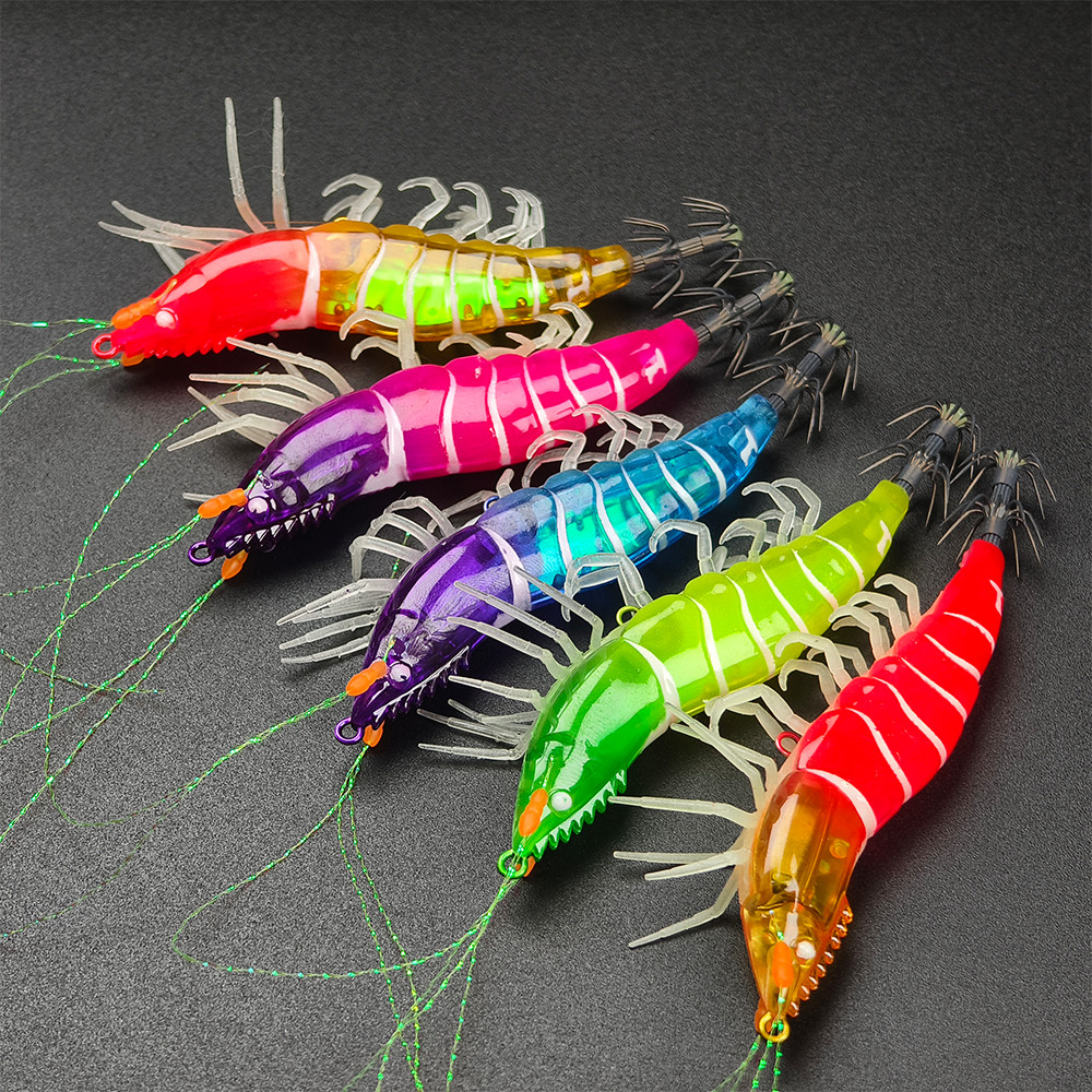 1PC  Luminous Fishing Lure Wood Shrimp Squid Jig Hook Horizontal Sinking Lure Octopus Cuttlefish Egi