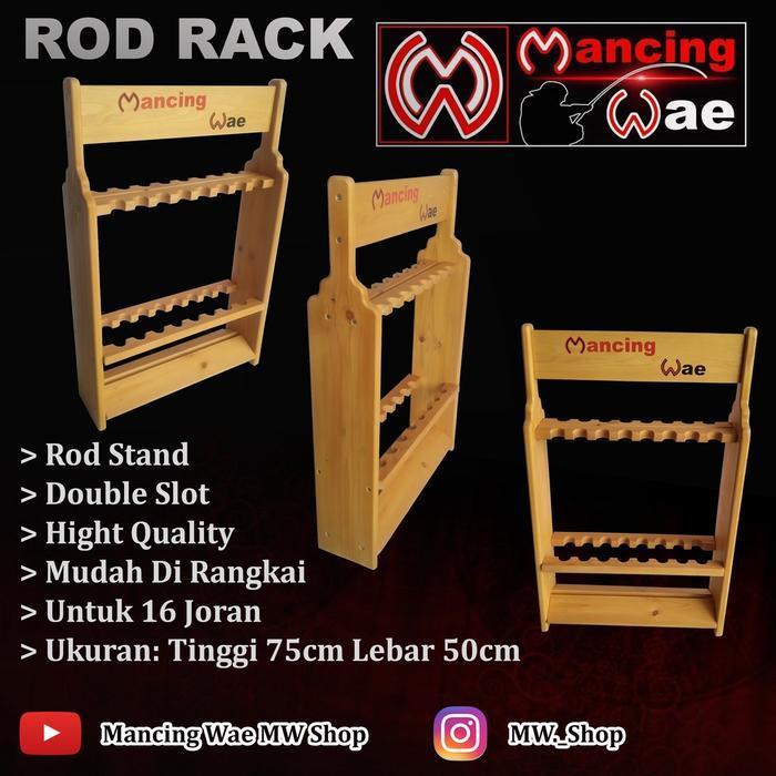 TEMPAT JORAN PANCING - ROD STAND - RAK JORAN PORTABLE KAYU SOLID ISI 16 LUBANG (D.16) - +logo Daiwa,
