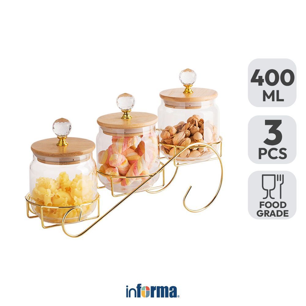 Informa 400 ml Set 3 pcs Gia Stoples Kaca Dengan Rak Round - Gold Jar Tempat Simpan Snack Dan Permen