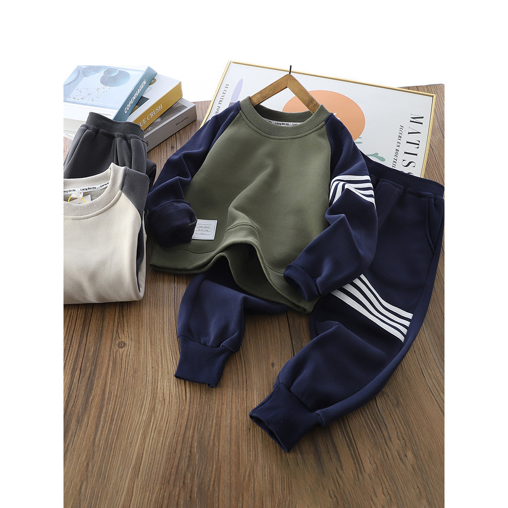 Set Dua Potong Sweater dan Celana Panjang  Fleece Tebal Musim Dingin  Korea  Olahraga Anak Besar
