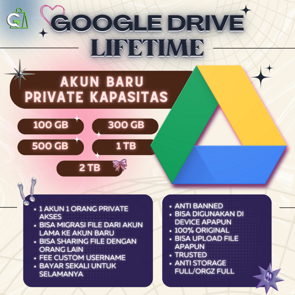 Google Drive Gdrive Unlimited 100GB 300GB 500 GB 1TB 2TB Lifetime Bergaransi Premium