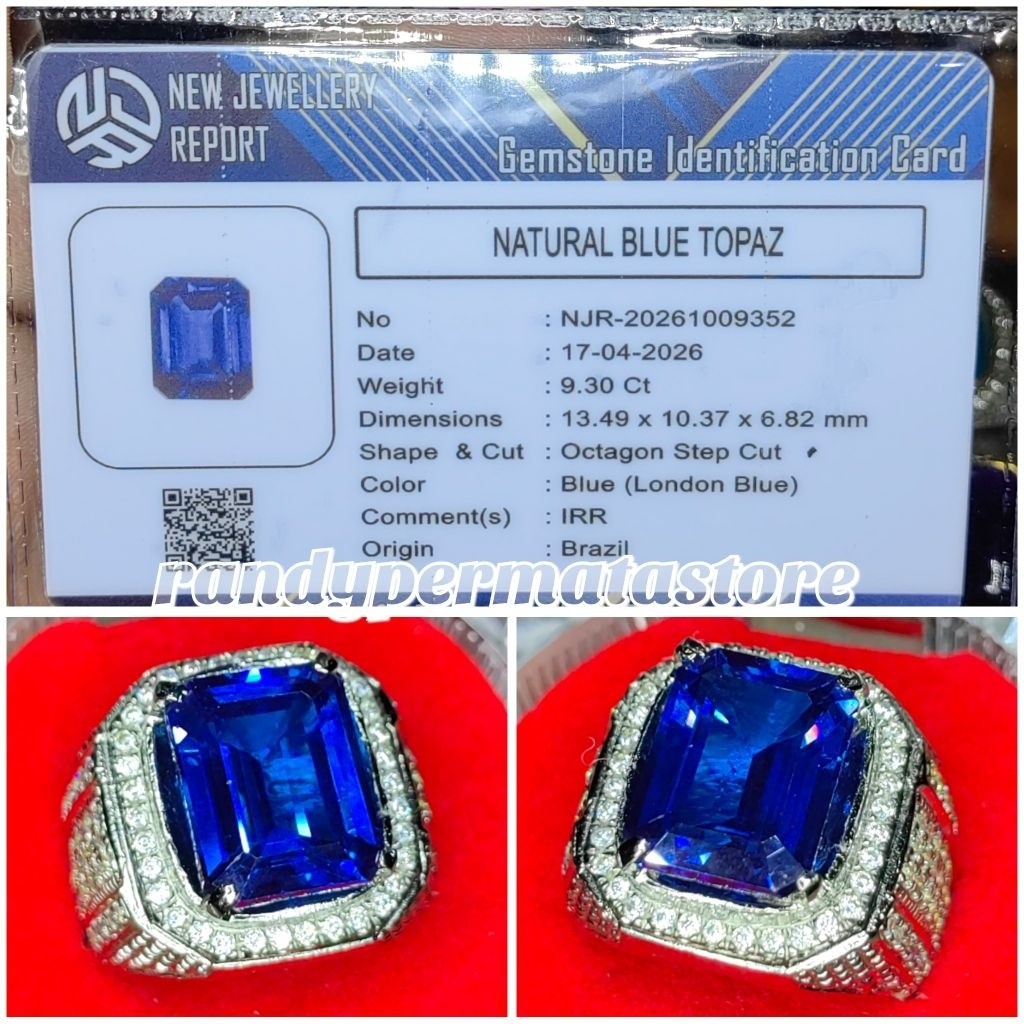 Batu Permata Cincin Natural Blue Topaz London / Blue Topaz Elektrik Octagon Loupe Clean + Memo Lab