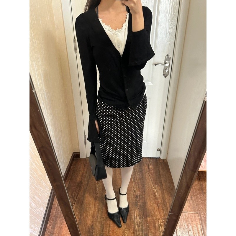ChubChic COD Rok Midi Polkadot Hitam Low Waist American Vintage Miu Style A-Line Campus Sweet Casual
