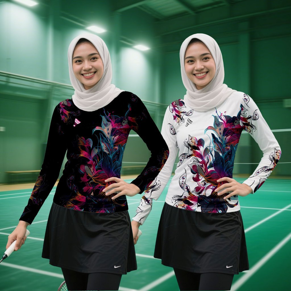 Fit|| Baju Kaos Jersey Wanita Badminton Bulutangkis Olahraga Lengan Panjang Motif Bunga Printing
