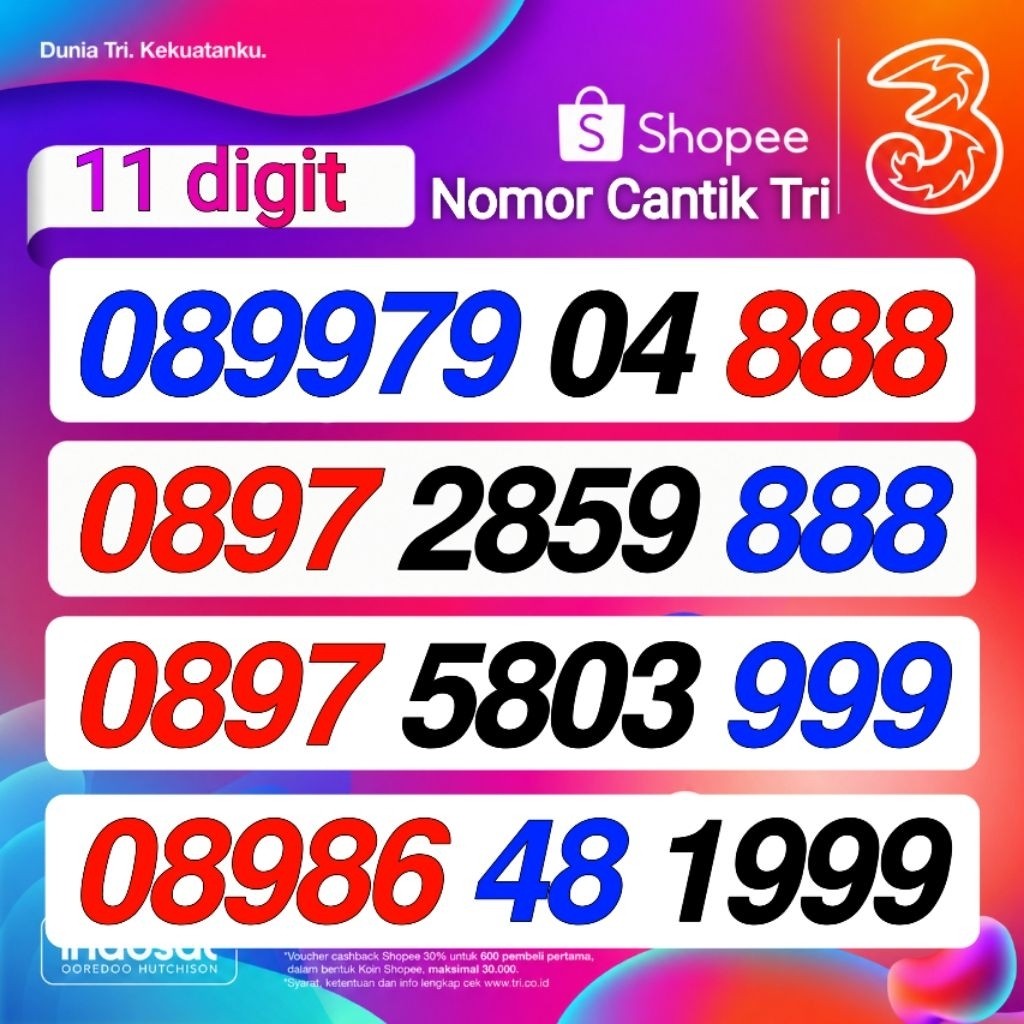 Nomor cantik tri 11 digit Nomer cantik three 11 angka tripel 888 999