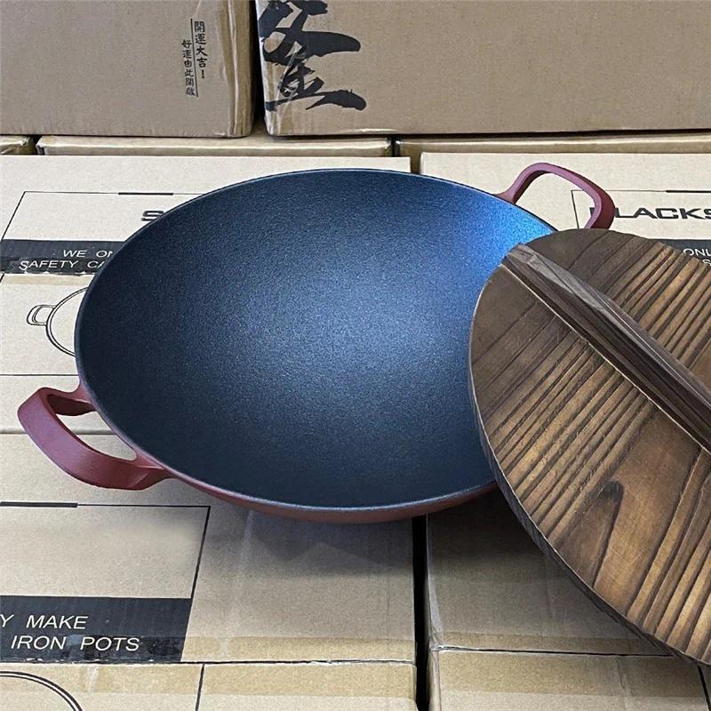 Japanese cast iron wok Double ear cast wok Chinese style pig iron pot Household non stick frying pan