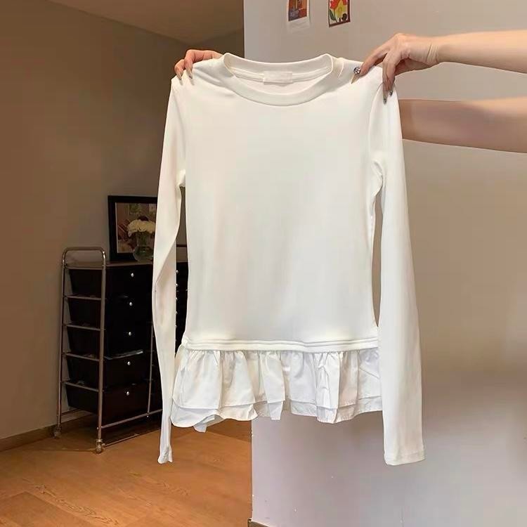 Kaos putih lengan panjang wanita/terbaru santai round neck 2025 baru gaya balet T-shirt/slim-fit kor