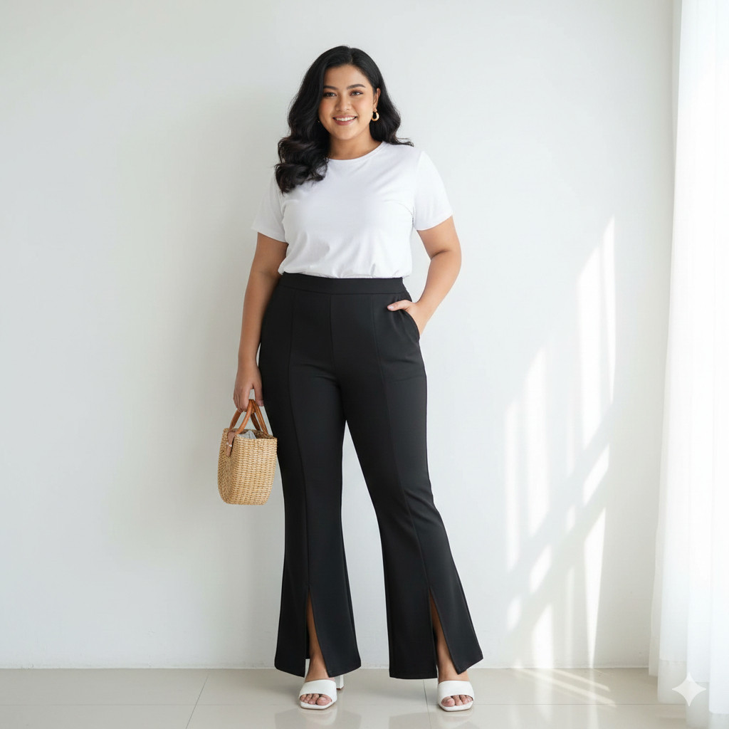 Celana Fit And Flare Pants Cutbray Belah Depan Scuba Bahan Stretch Melar Cutbray Scuba Hitam