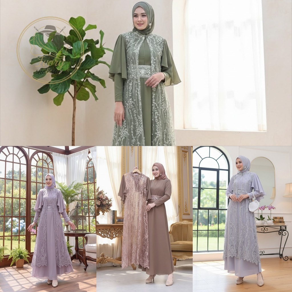 Ivory -  Clarisa Maxy Dress Brokat Outer Pisahan Gamis Muslim Wanita Pesta Kondangan Premium Kekinia