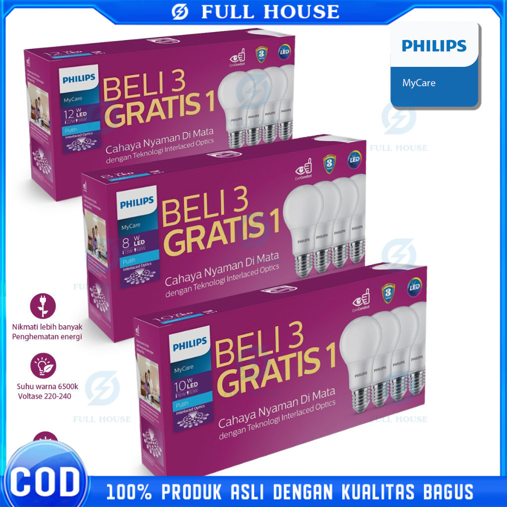 [Beli 3 Gratis 1] Lampu LED Philip Paket 8W 10W 12W 15 Watt Multipack Lampu Led Rumah Led Putih Bulb