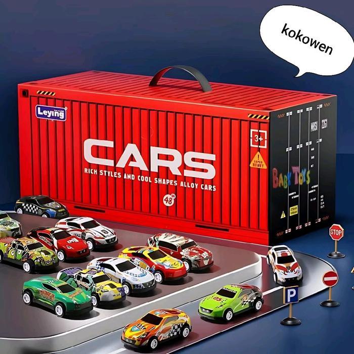 (1 Kotak 4 Rak / 48 mobil bonus peta) mainan mobil mobilan Toy metal pullback kado hadiah mobil main