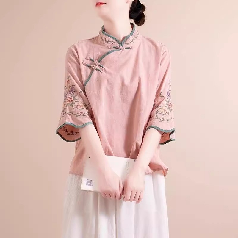 Baju teh katun kemeja wanita bordir atas gesper saku rok diagonal retro Cina