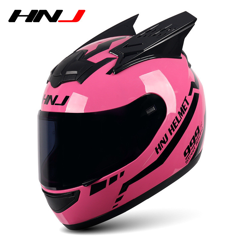 HNJ Men Motorcycle Helmet Women Full Face Helmet Riding Personality Horn Pink Helmet DOT Certificati