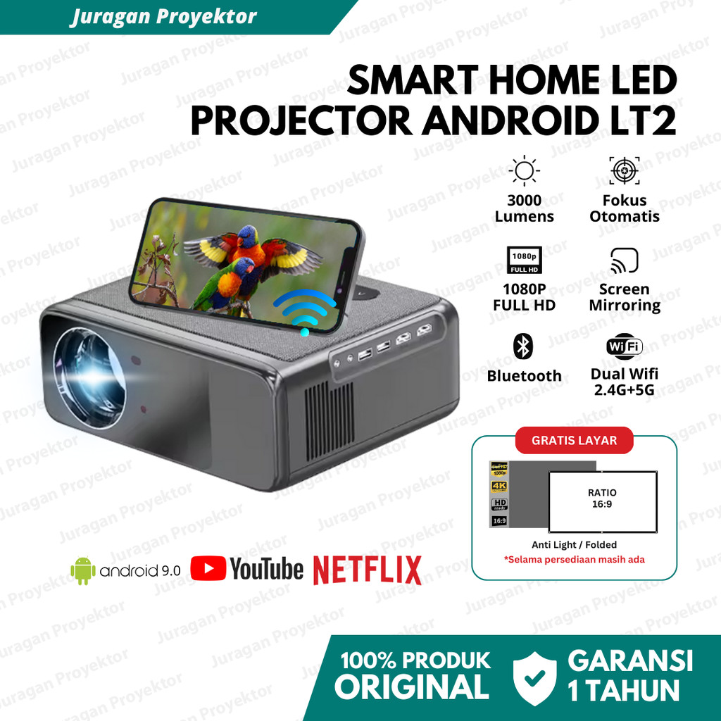 Smart LED Proyektor LT2 Android 9.0 Wifi 3000 Lumens | Proyektor Android 4K Full HD | Proyektor Wifi