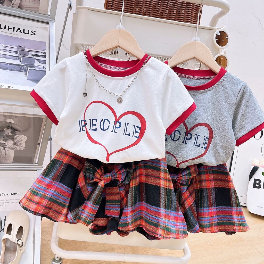[363878] - One Set Anak Cewek Baju Setelan Atasan Kaos Lengan Pendek Bawahan Rok Kotak Tartan Pita F