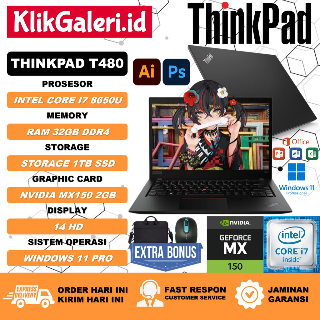 Laptop Gaming Lenovo Thinkpad T480 Intel Core i7 Gen 8 NVIDIA MX150 2GB RAM 32GB 1TB SSD 14 FHD Ori