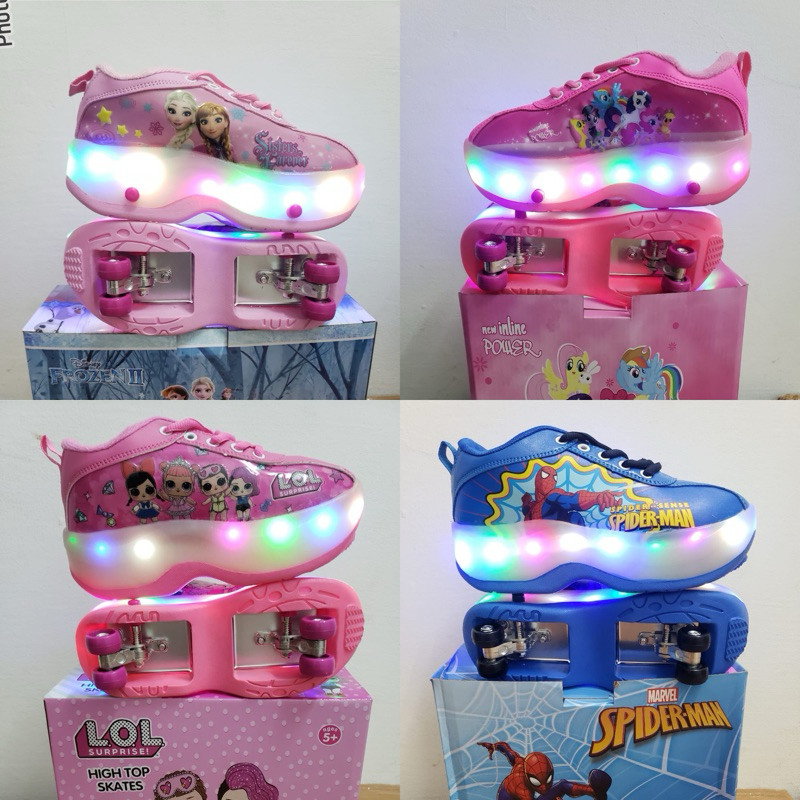 TERLARIS ORIGINAL TERMURAH Sepatu Roda 4 Lipat Karakter / Frozen / Pony / LOL / Spiderman Marvel / L