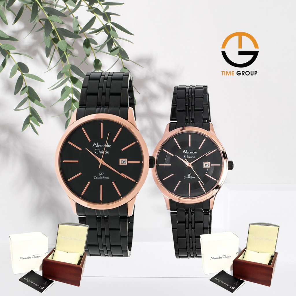 JAM TANGAN COUPLE ALEXANDRE CHRISTIE AC8348 AC 8348 M/LDBBRBA ANALOG BLACK ROSEGOLD STAINLESS STRAP