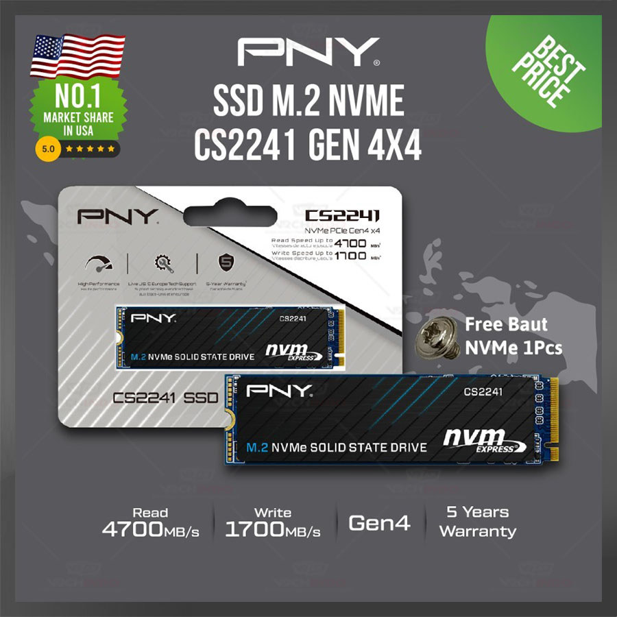 SSD NVMe M2 1TB PNY CS2241 - SSD NVME M.2 1 TB PNY CS-2241 PCIe Gen4 X4 Top Brand USA 