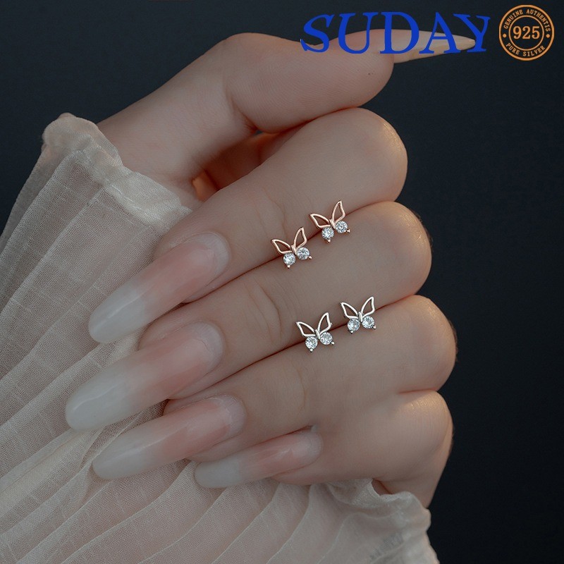 SUDAY Anting Kupu-kupu Berongga Untuk Wanita Kecil Berlapis Emas Mawar 925 Dengan Zirkonium Kilau Du