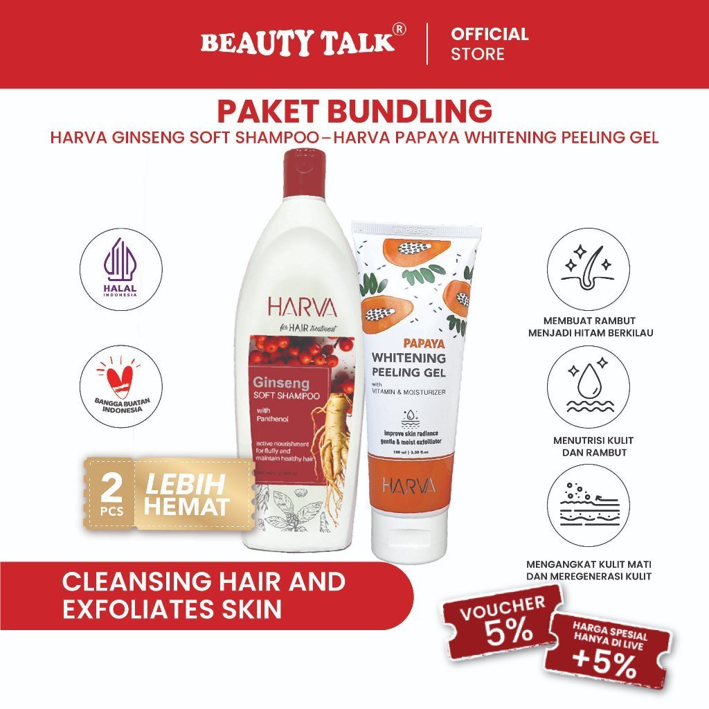 Harva [Bundling Hemat 2PCS] Shampoo Ginseng Soft&Smooth 600ml +  Peeling Gel Pepaya 100ml Eksfoliasi
