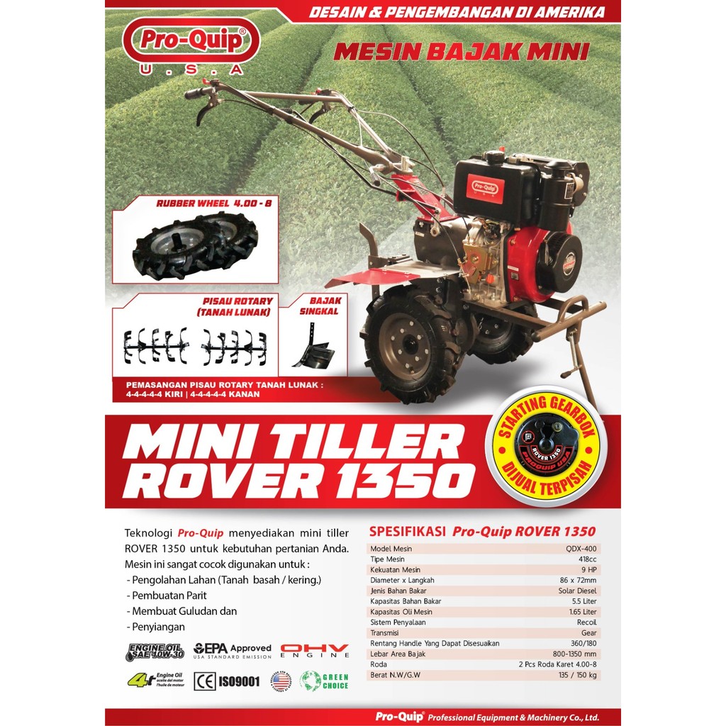 Mesin Bajak Sawah Basah Kering Proquip Rover 1350 Mini Tiller Diesel Pro-Quip Rover 1350 9HP