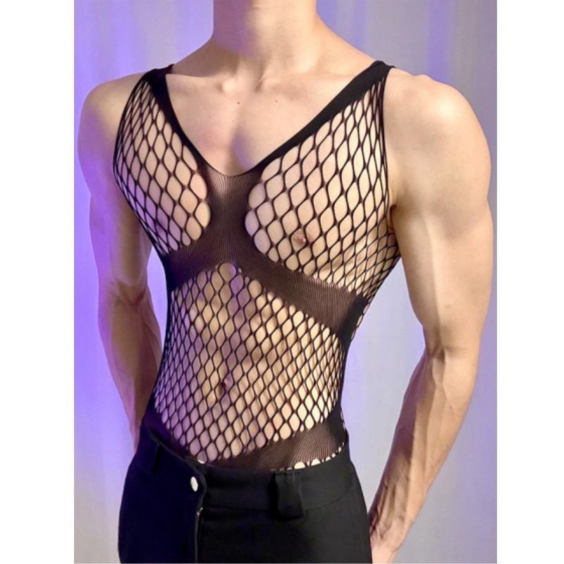 Men's Hollow Out Fishnet Camisole Top, Tight-Fitting Lingerie Top