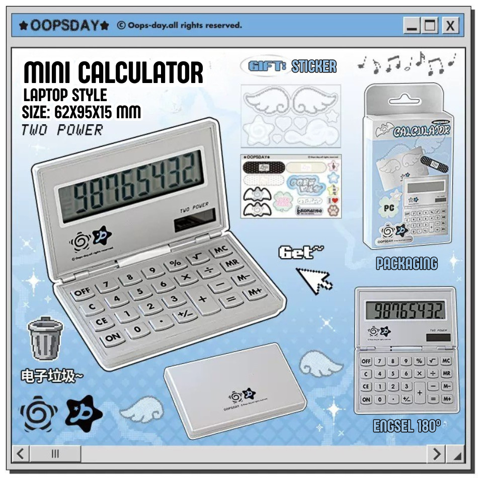 Bibimcat OopsDay Mini Calculator Laptop Version Kalkulator Portabel Lucu Y2K Baterai Solar