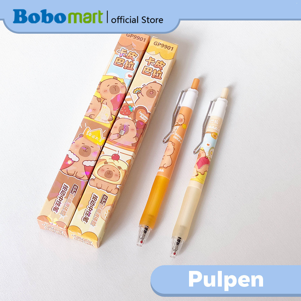 BOBOMART Gel Pen Pulpen Pena Estetik Capybara Kemasan Lucu 0.5mm Hitam Dengan Klip