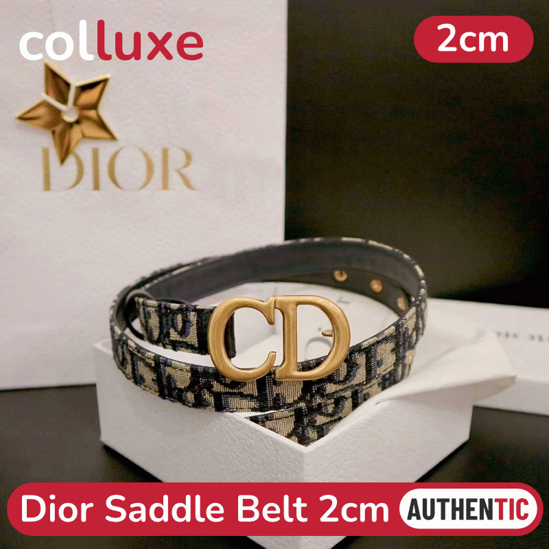 Menyediakan resi Dior Saddle Belt 2cm Sabuk wanita Sabuk kulit sapi Oblique Full set Gold