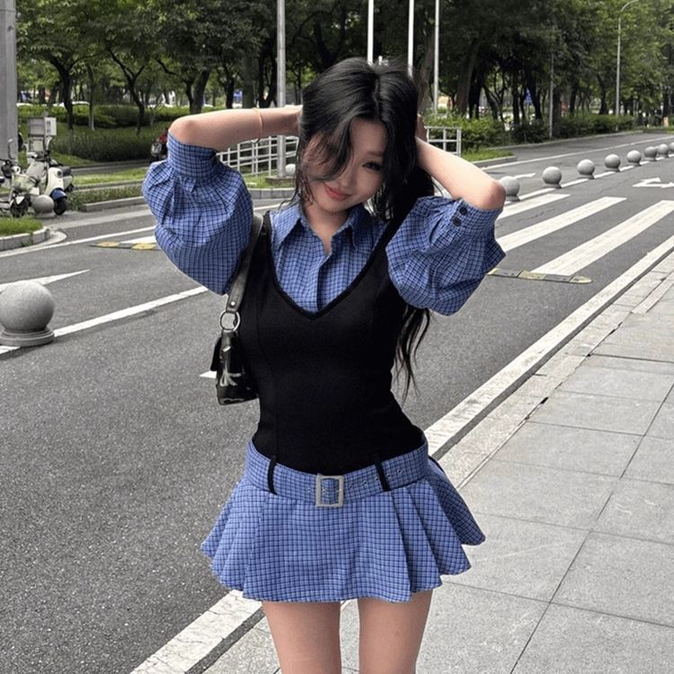 ChubChic COD Gaun Kemeja Lengan Panjang Motif Kotak-kotak Biru Ala Korea, Rok Lipit Pas Di Pinggang