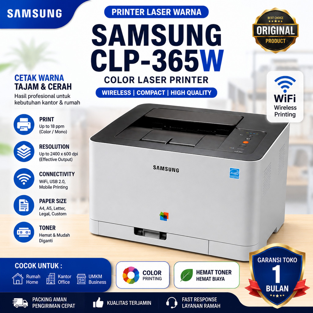 Printer Samsung CLP-365W Wireless Color Laser Printer A4 USB WiFi Cocok Kantor & Rumahan
