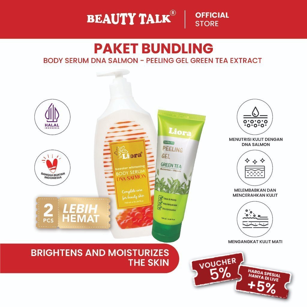 [Bundling Hemat-2Pcs] LIORA Body Serum DNA Salmon 750ml + LIORA Peeling Gel Greentea 100ml