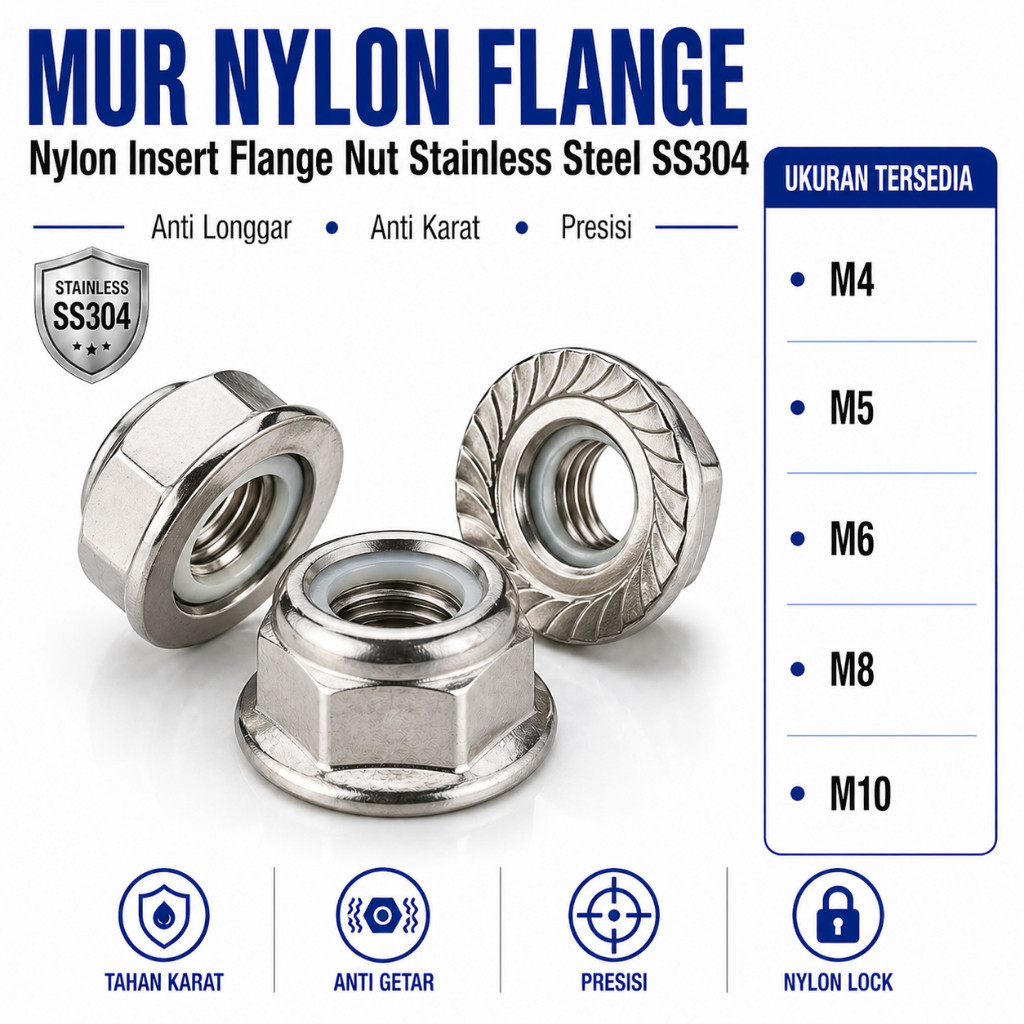 Mur Nylon Insert Flange M8 / Nylon Insert Flange Nut M8 Stainless SS304