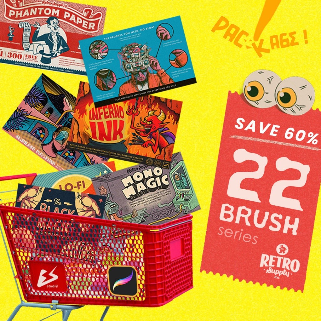 Bundle Brush Procrate 22 Series by RETRO SUPPLY CO - Inking, Halftone, Watercolor, Liner, Risograph,